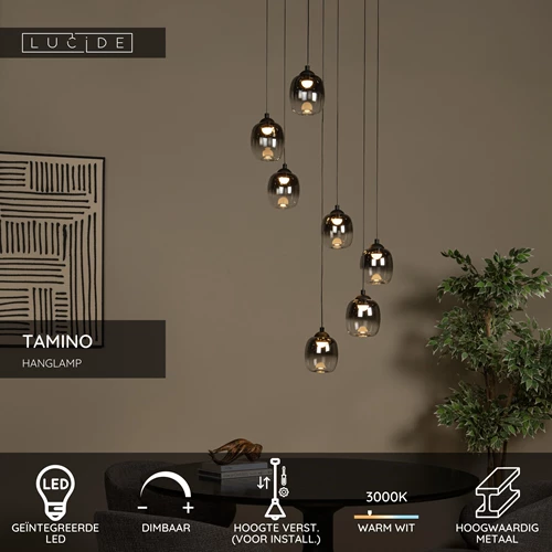 Lucide TAMINO - Hanglamp - Ø 52 cm - LED Dimb. - 7x7W 3000K - Zwart - USP